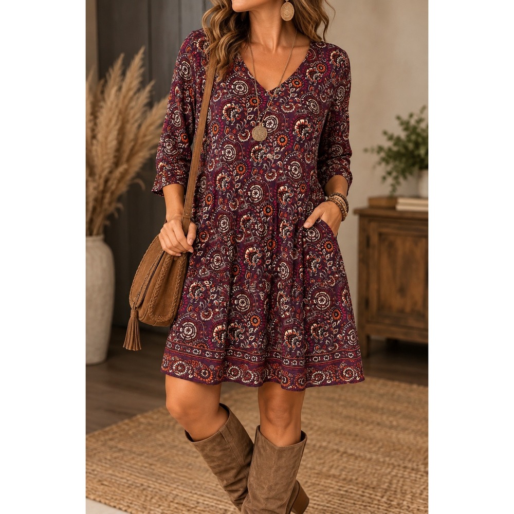 L 113 Garnet Hill Floral Paisley Dress 12 Plum Boho Fall 3/4 Sleeve Knee Length